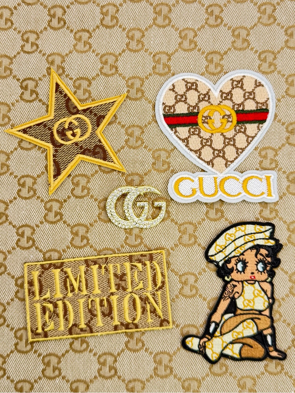 NEW 6pc Beige, Tan & Gold Embroidered Iron-on Patch/Brooch Set